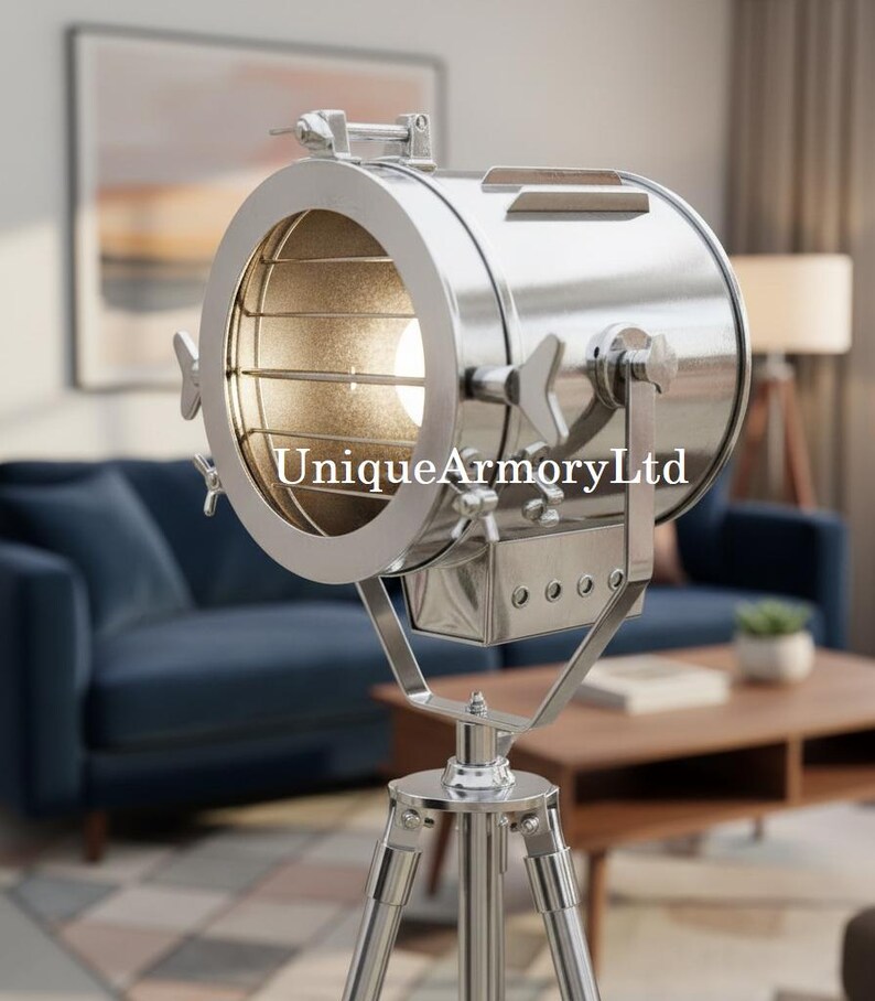 Chrome Spotlight on Wooden Tripod view 4
