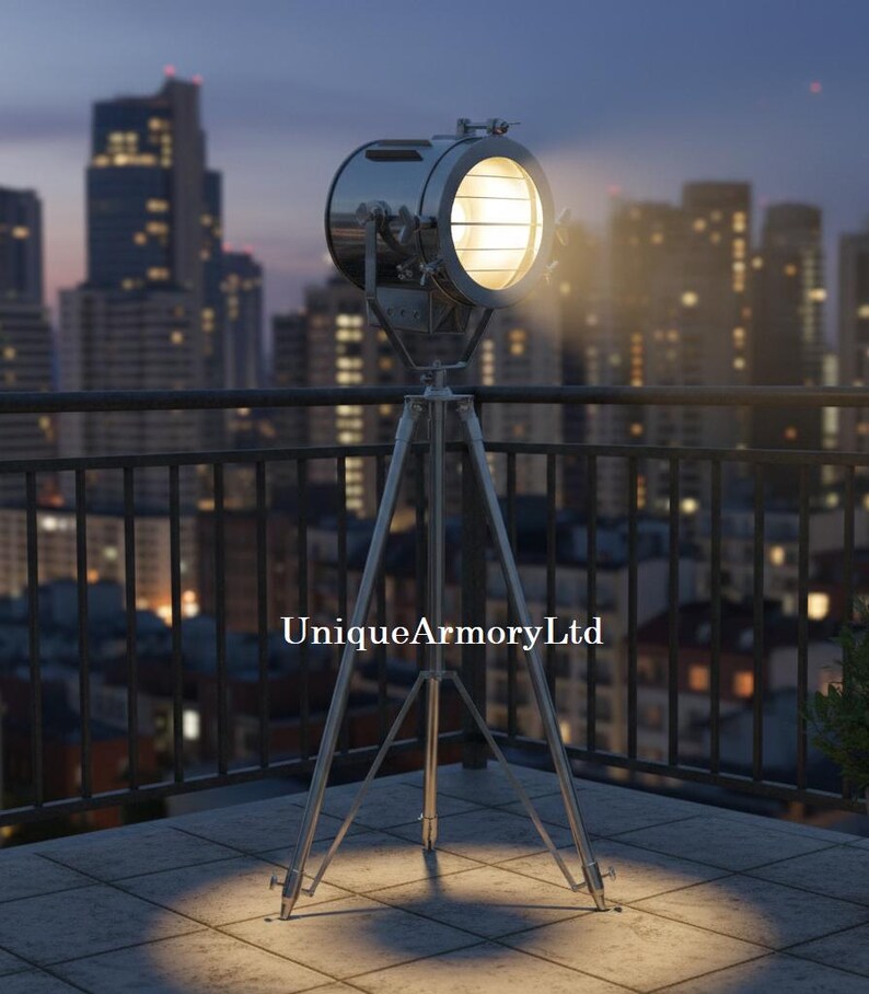 Chrome Spotlight on Wooden Tripod view 7