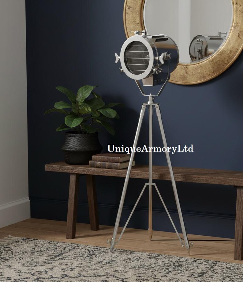 Chrome Spotlight on Wooden Tripod view 8
