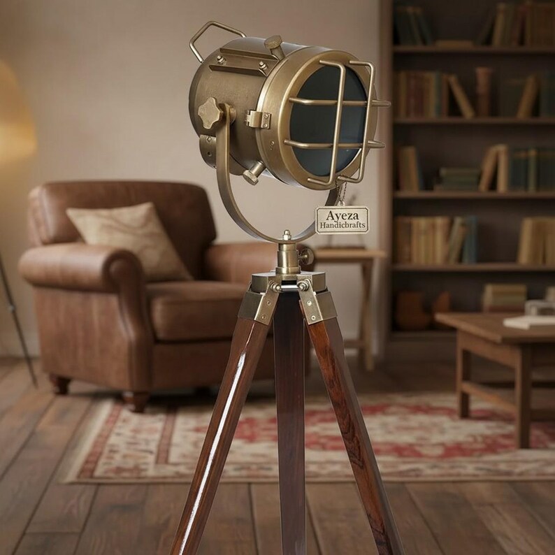 Antique Finish Spotlight on Wooden Tripod view 2