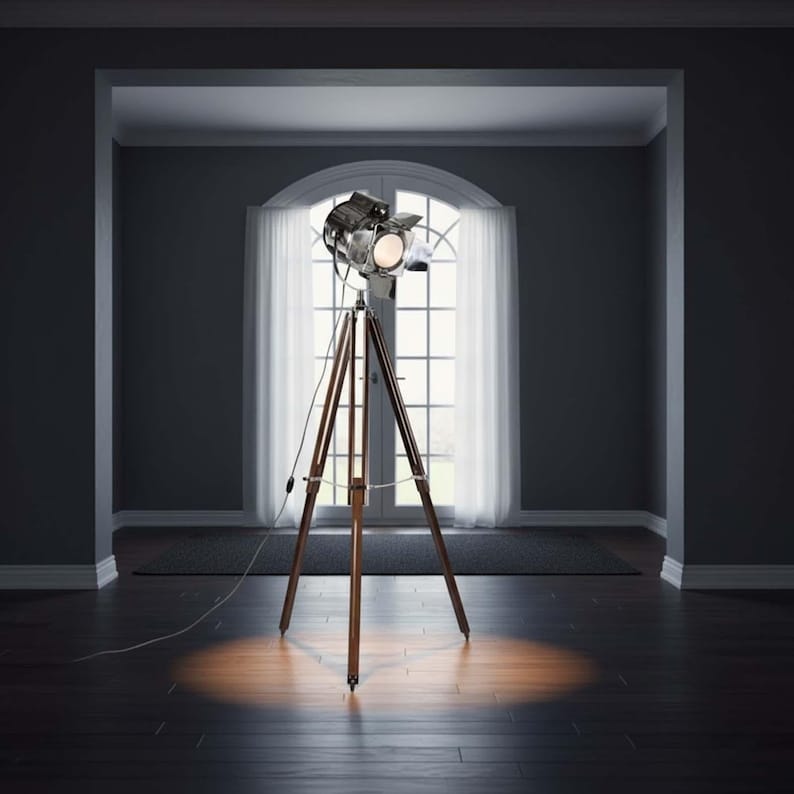 Chrome Spotlight on Wooden Tripod view 3