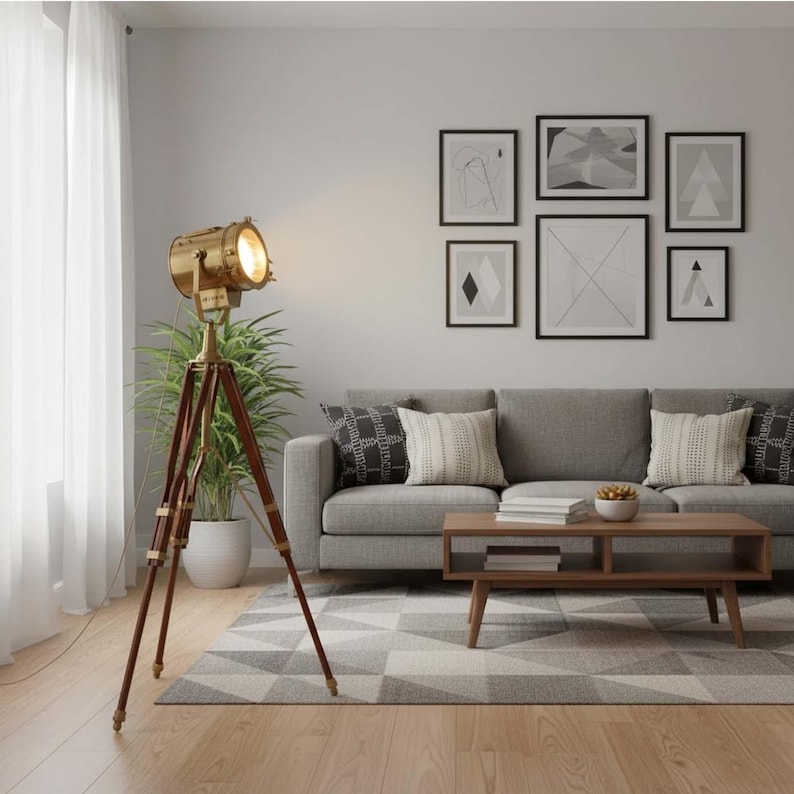 Copper Spotlight on Wooden Tripod view 3