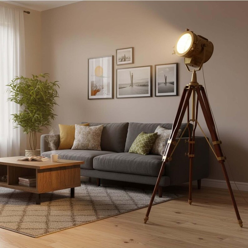 Copper Spotlight on Wooden Tripod view 4