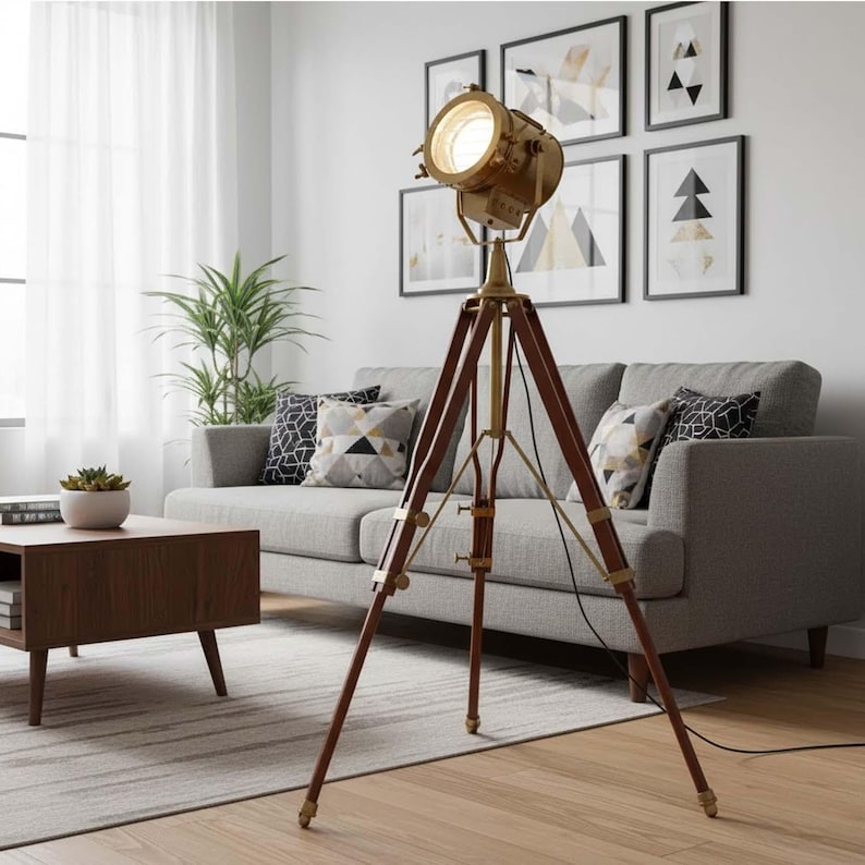 Copper Spotlight on Wooden Tripod view 6