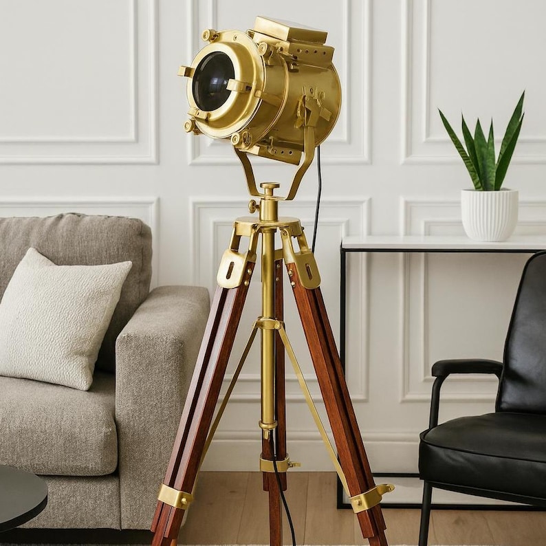 Antique Finish Spotlight on Wooden Tripod view 2