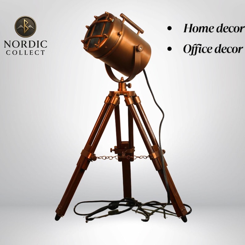 Antique Finish Spotlight on Wooden Tripod view 4