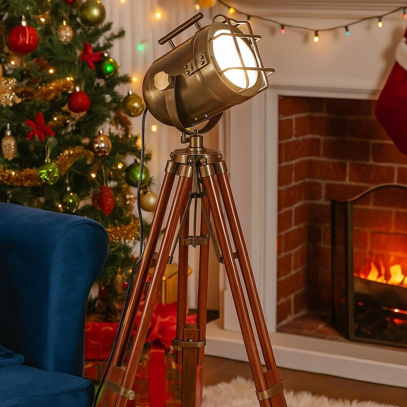 Antique Finish Spotlight on Wooden Tripod view 2