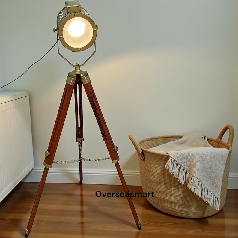 Chrome Spotlight on Black Wooden Tripod view 3