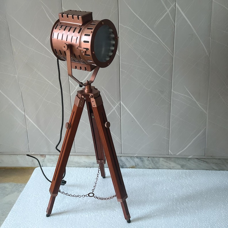 Chrome Spotlight on Black Wooden Tripod view 5