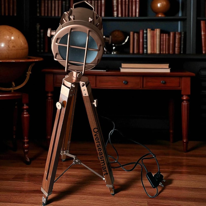 Copper Spotlight on Wooden Tripod view 9
