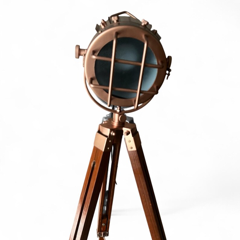 Copper Spotlight on Wooden Tripod view 10