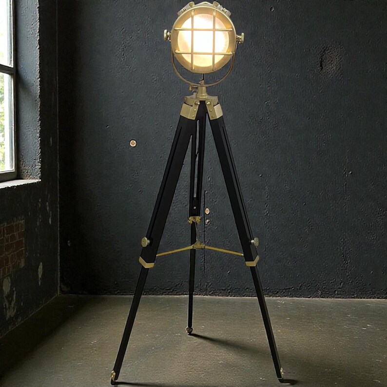 Chrome Spotlight on Black Wooden Tripod view 5