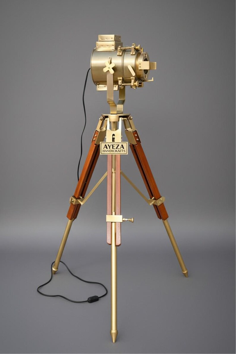 Polished Brass Spotlight on Wooden Tripod view 4
