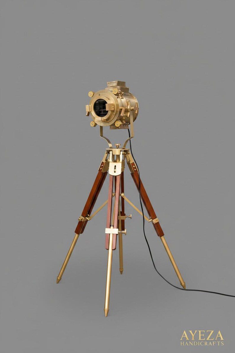 Polished Brass Spotlight on Wooden Tripod view 5