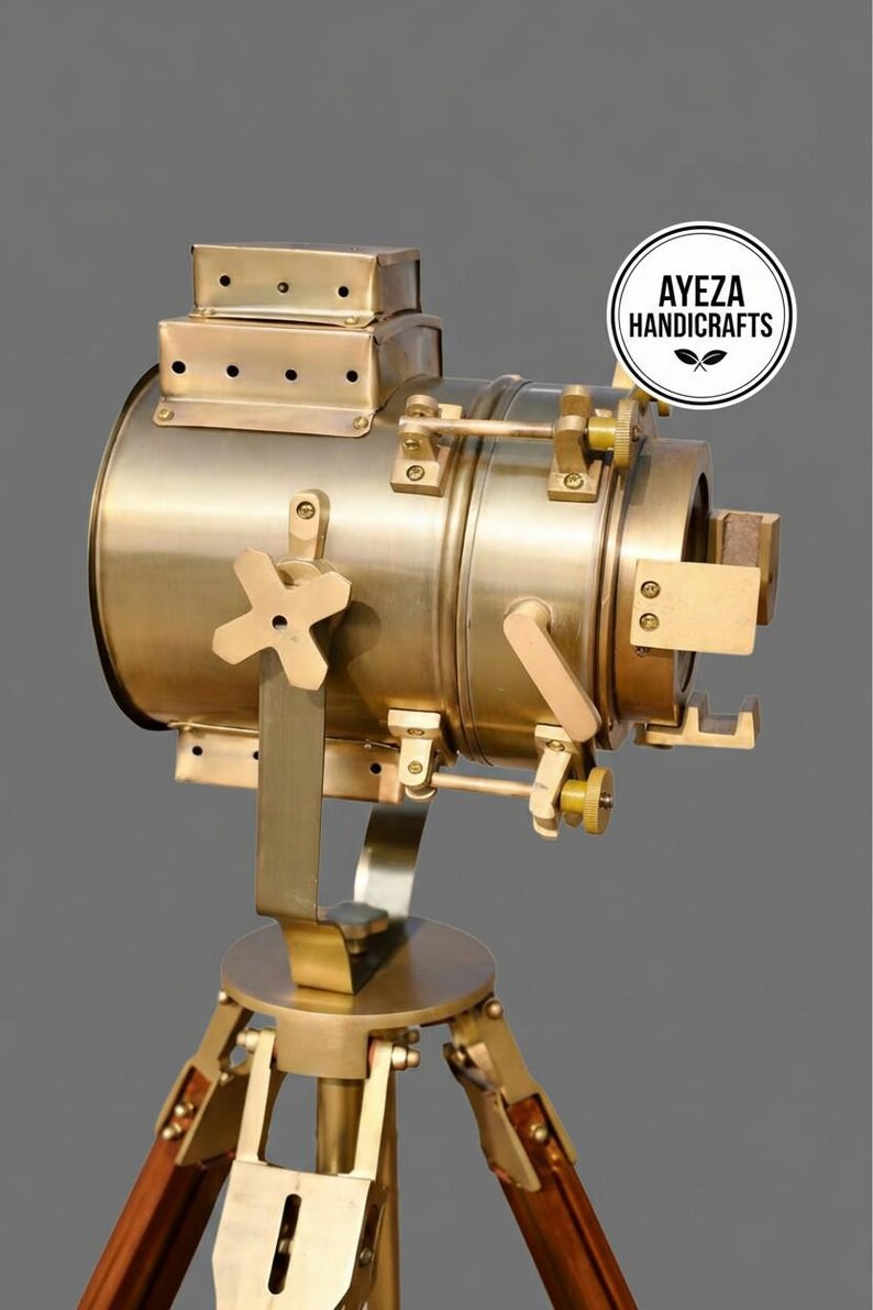 Polished Brass Spotlight on Wooden Tripod view 7