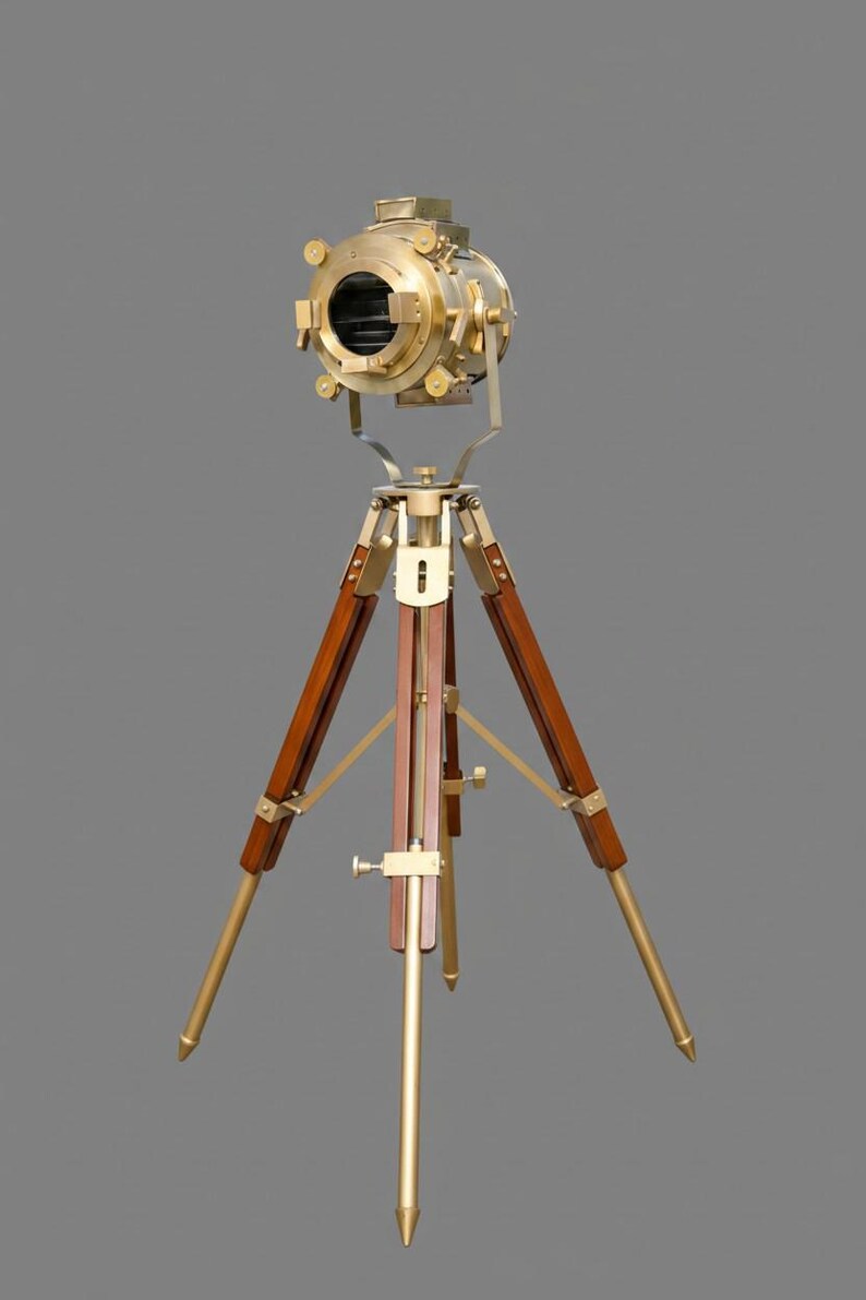 Polished Brass Spotlight on Wooden Tripod view 8