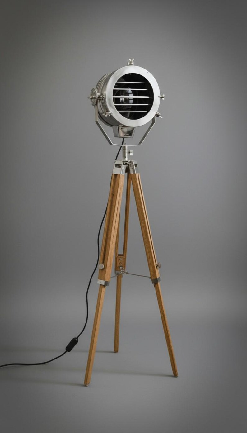 Chrome Spotlight on Wooden Tripod view 2