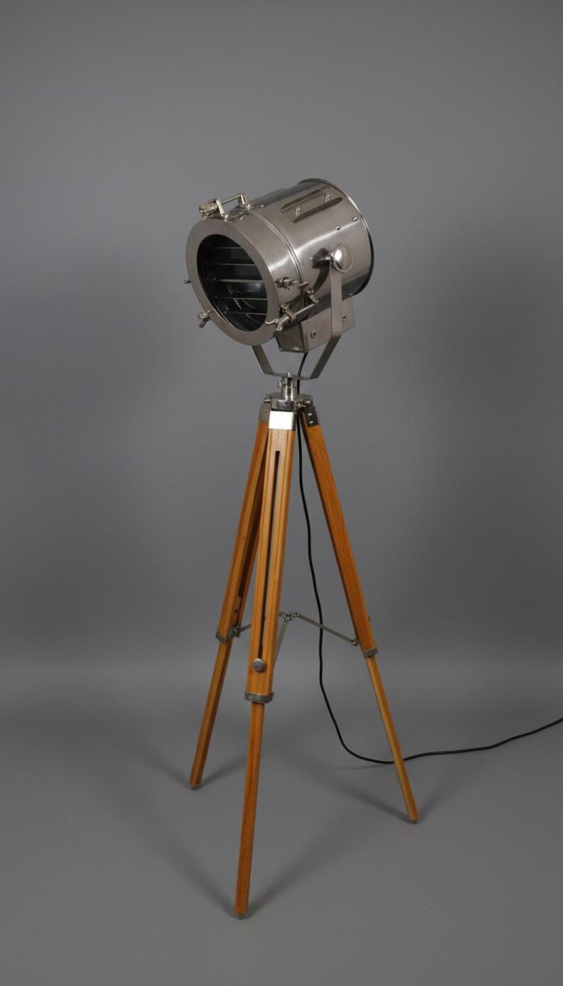 Chrome Spotlight on Wooden Tripod view 4