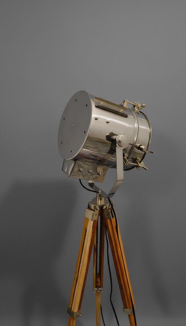 Chrome Spotlight on Wooden Tripod view 6
