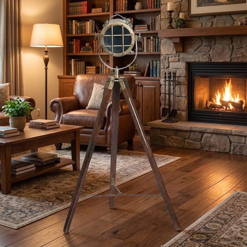 Antique Finish Spotlight on Wooden Tripod view 2