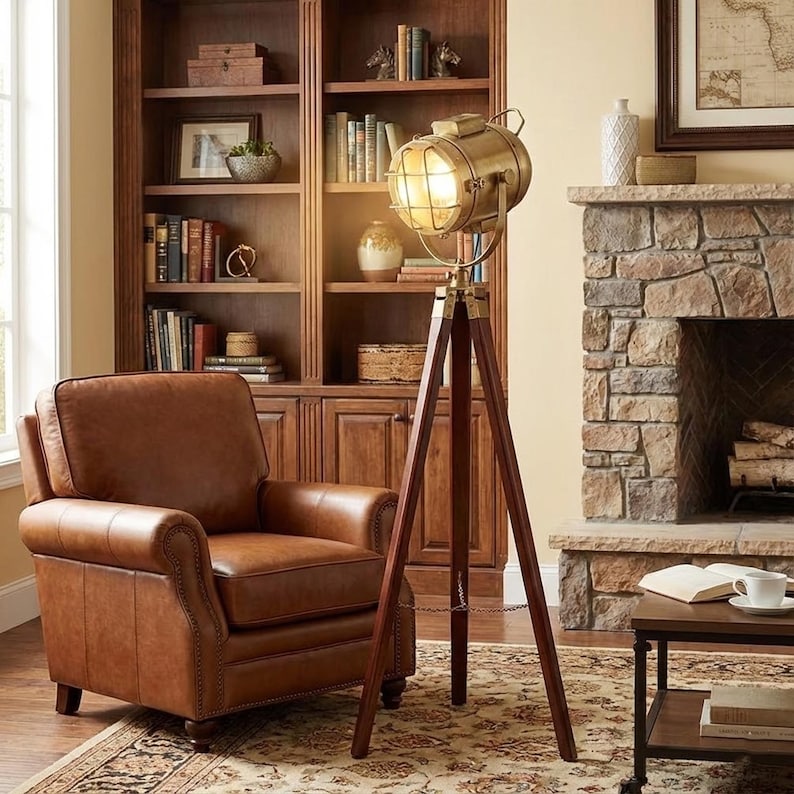 Antique Finish Spotlight on Wooden Tripod view 9