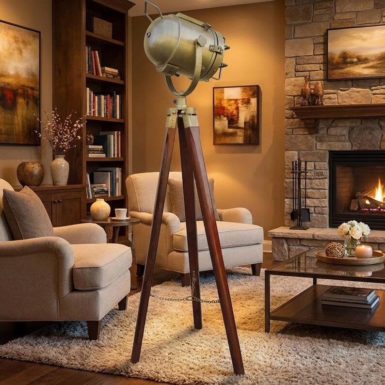 Antique Finish Spotlight on Wooden Tripod view 10
