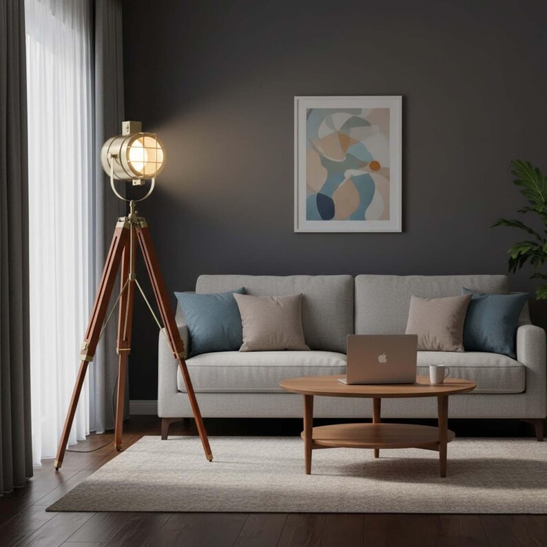Antique Finish Spotlight on Wooden Tripod view 3