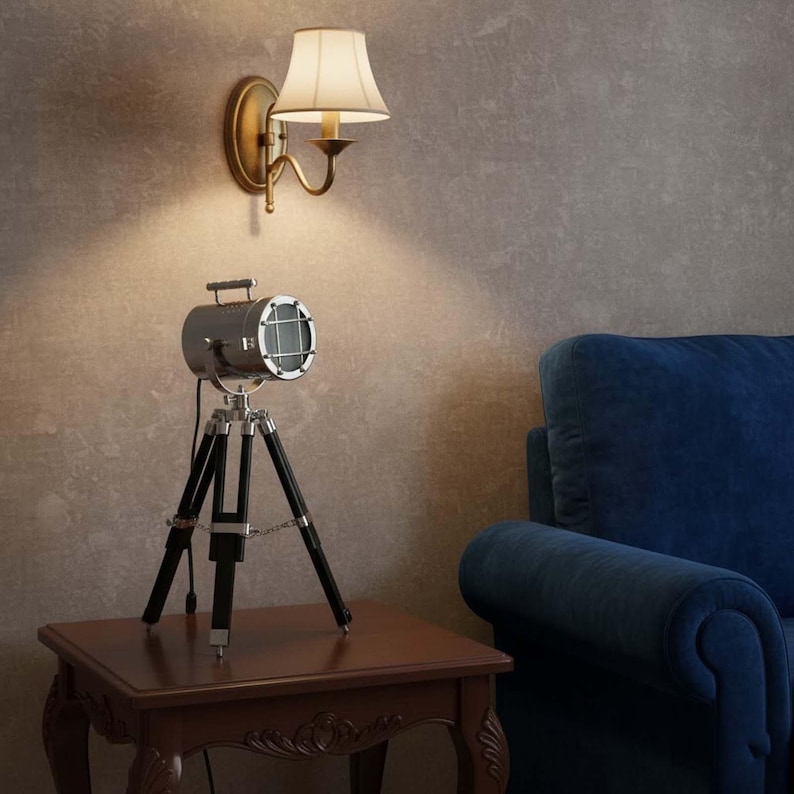 Chrome Spotlight on Black Wooden Tripod view 3