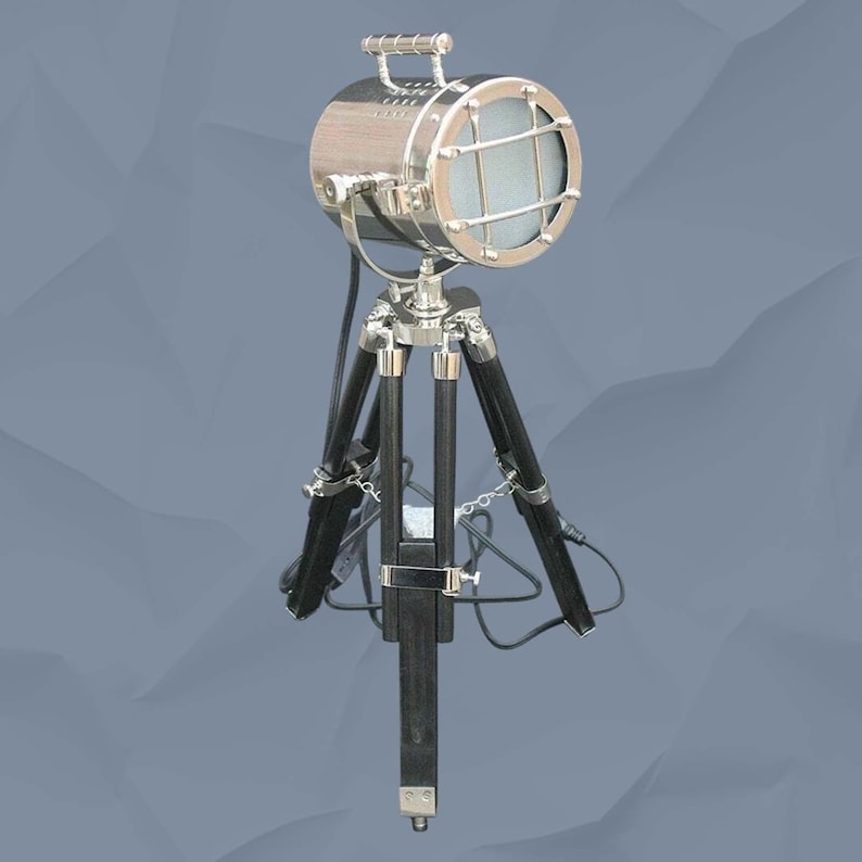 Chrome Spotlight on Black Wooden Tripod view 11