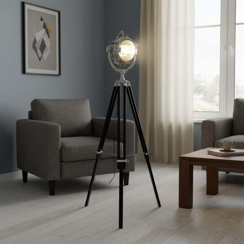 Chrome Spotlight on Black Wooden Tripod view 8