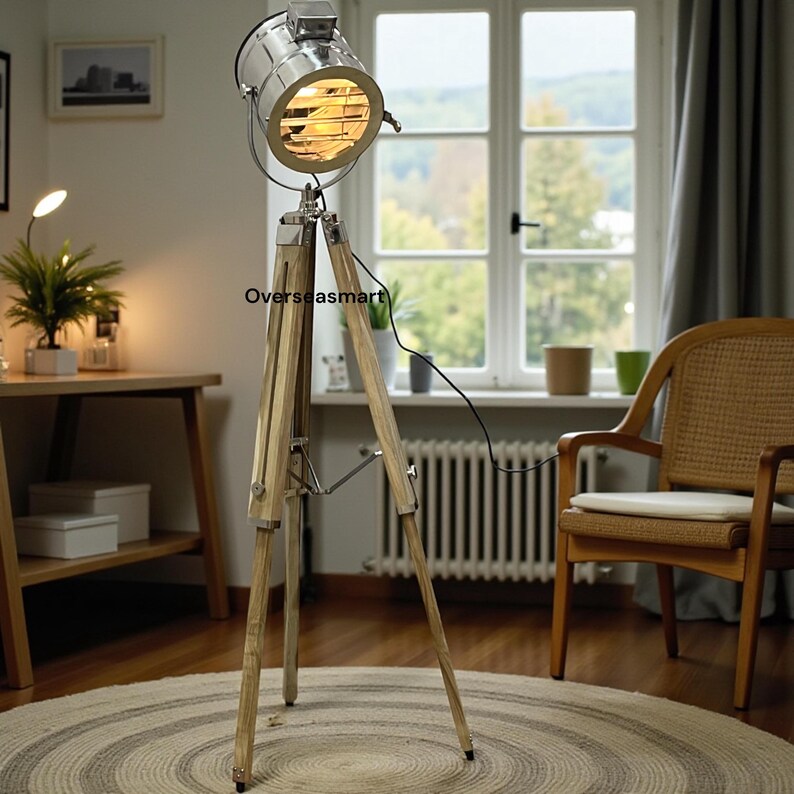 Chrome Spotlight on Teak Wood Tripod view 2