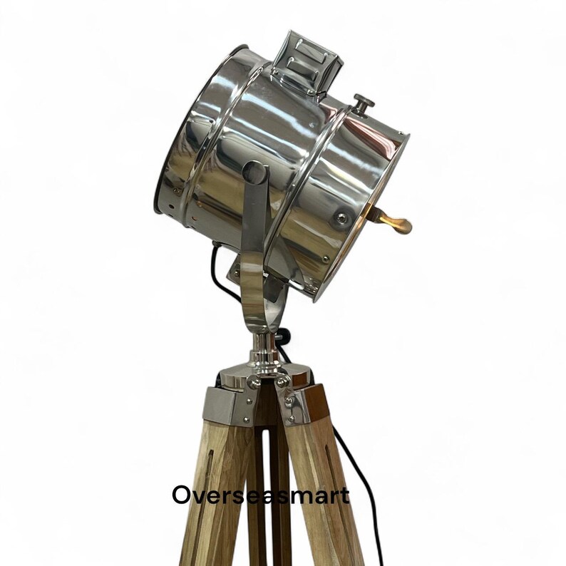 Chrome Spotlight on Teak Wood Tripod view 12