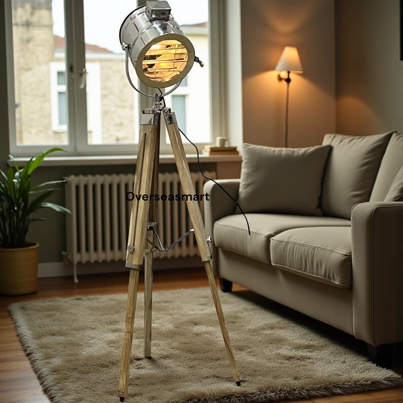 Chrome Spotlight on Teak Wood Tripod view 13