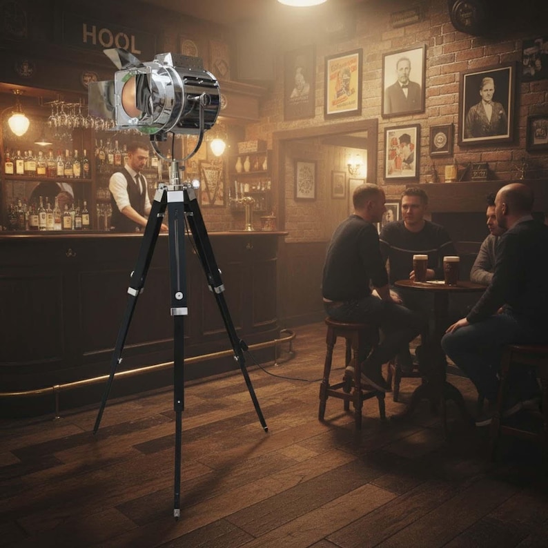 Chrome Spotlight on Black Wooden Tripod view 3