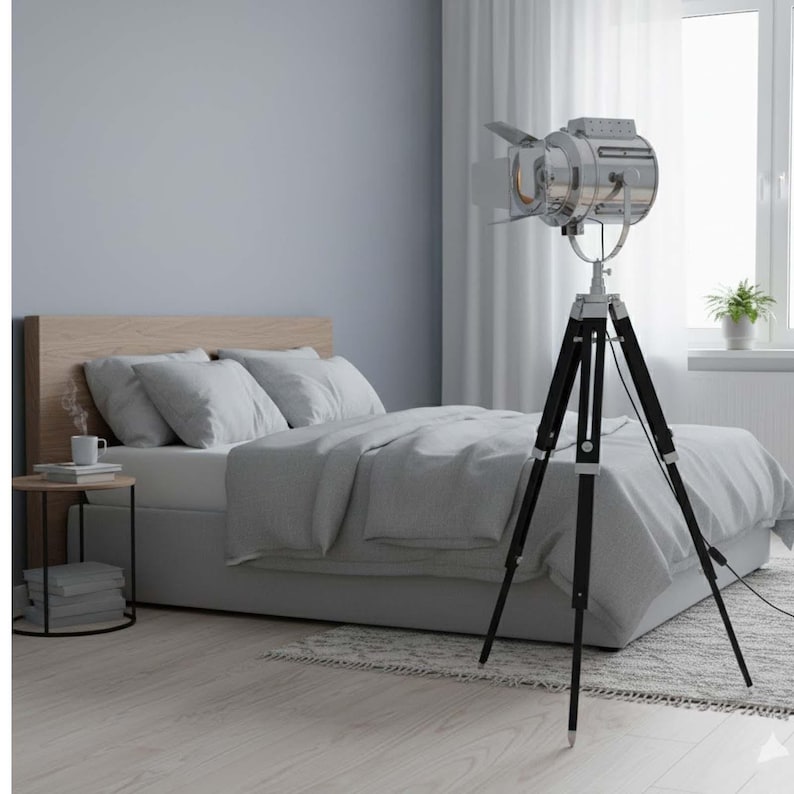 Chrome Spotlight on Black Wooden Tripod view 11