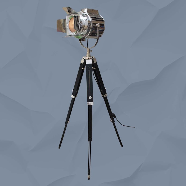 Chrome Spotlight on Black Wooden Tripod view 12