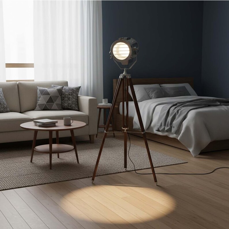 Chrome Spotlight on Wooden Tripod view 4