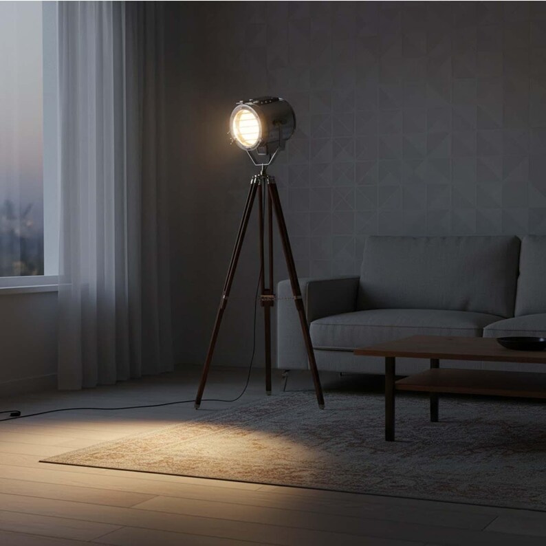 Chrome Spotlight on Wooden Tripod view 6