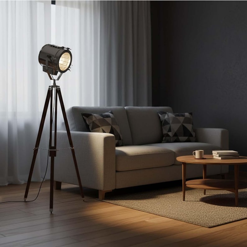 Chrome Spotlight on Wooden Tripod view 7