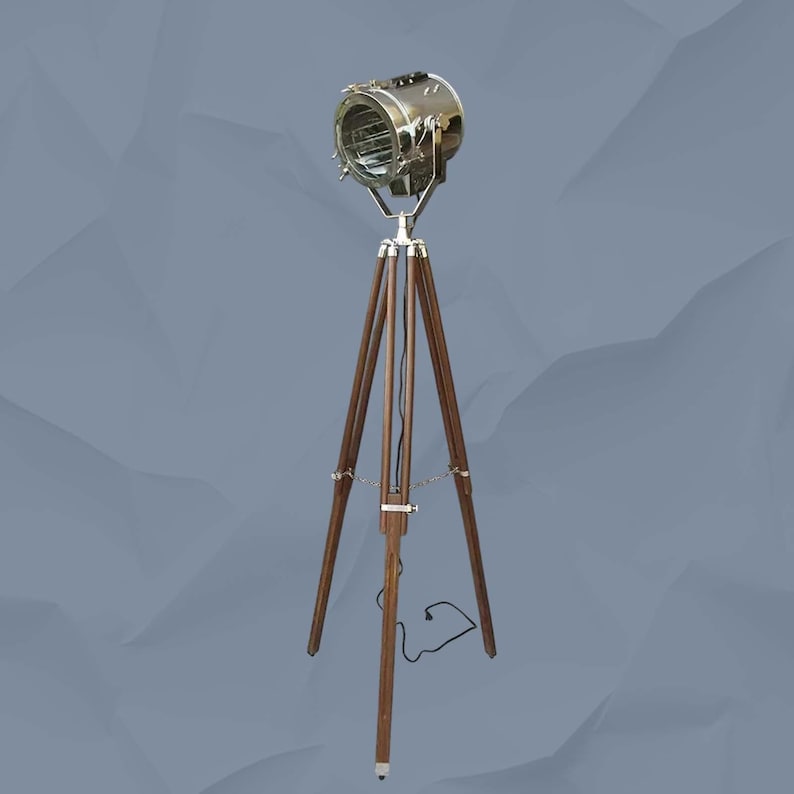 Chrome Spotlight on Wooden Tripod view 9