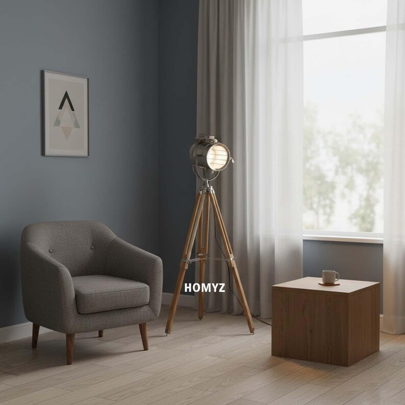 Chrome Spotlight on Teak Wood Tripod view 2