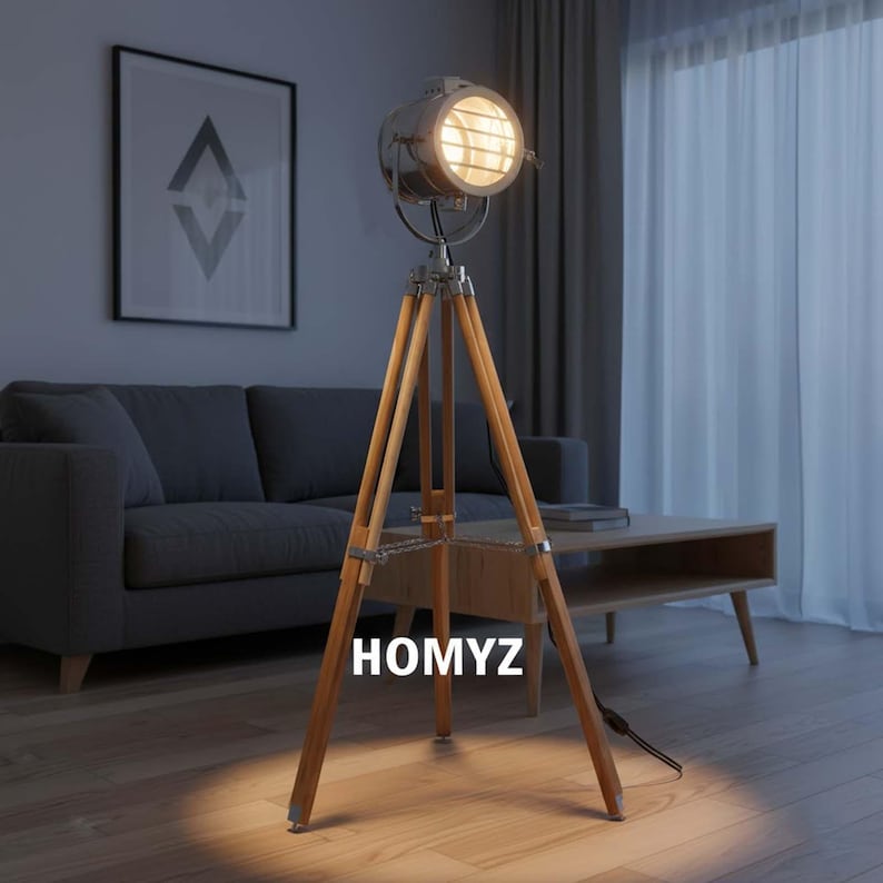 Chrome Spotlight on Teak Wood Tripod view 3