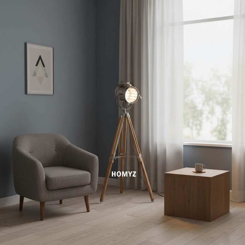 Chrome Spotlight on Teak Wood Tripod view 6