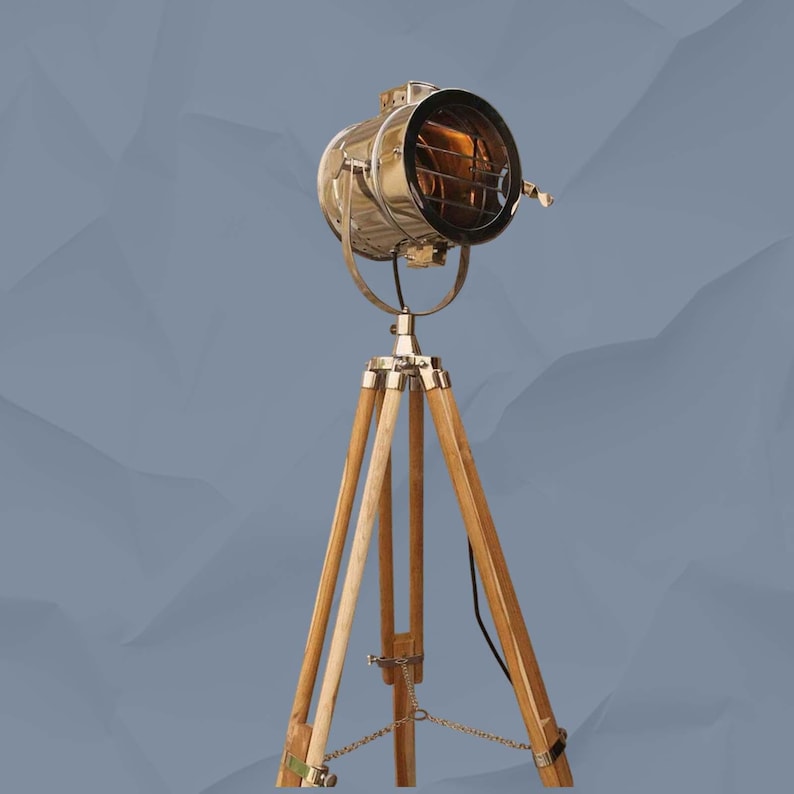 Chrome Spotlight on Teak Wood Tripod view 9