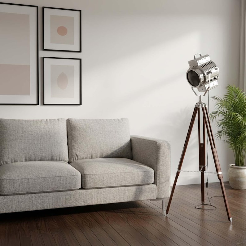 Chrome Spotlight on Wooden Tripod view 7