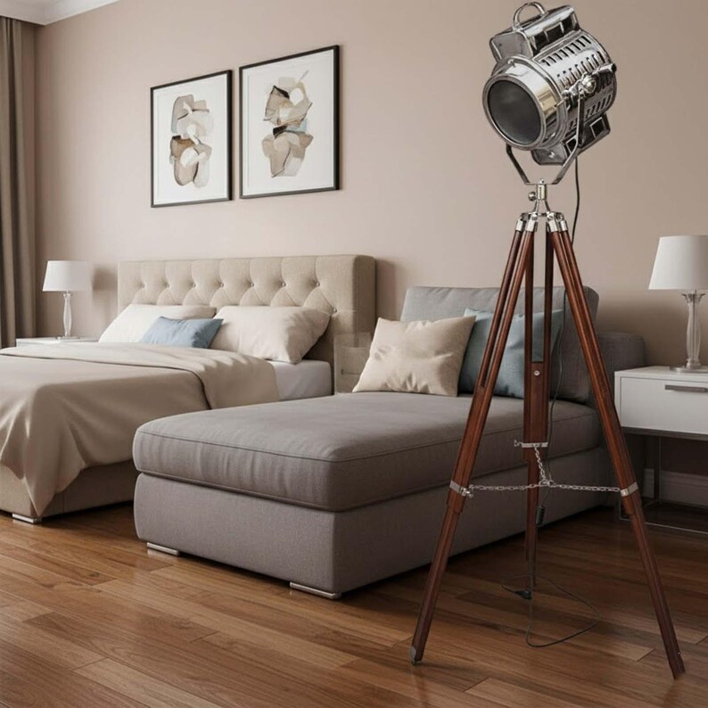 Chrome Spotlight on Wooden Tripod view 11