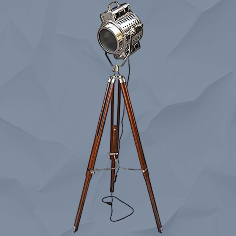 Chrome Spotlight on Wooden Tripod view 12