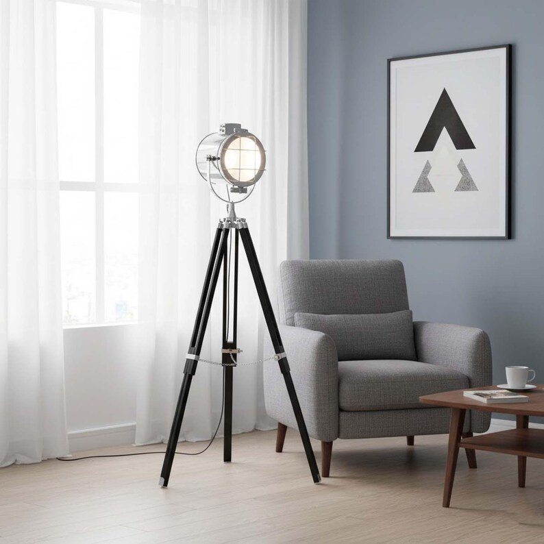Chrome Spotlight on Black Wooden Tripod view 4