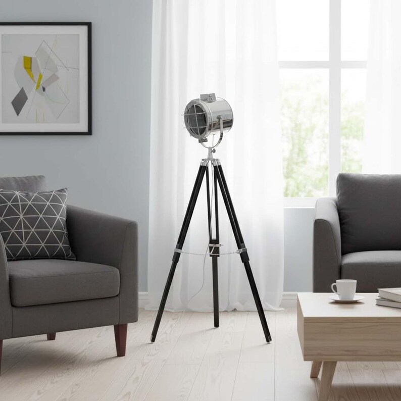 Chrome Spotlight on Black Wooden Tripod view 7