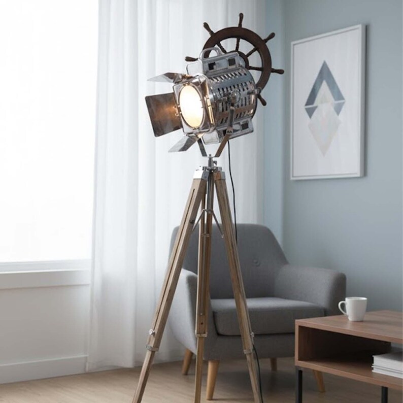 Chrome Spotlight on Teak Wood Tripod view 3